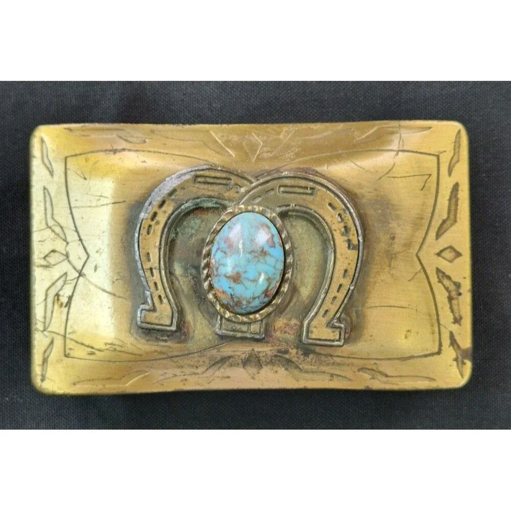 Vtg Rare Mid Century Brass & Turquoise Engraved Horseshoe Belt Buckle Southwest